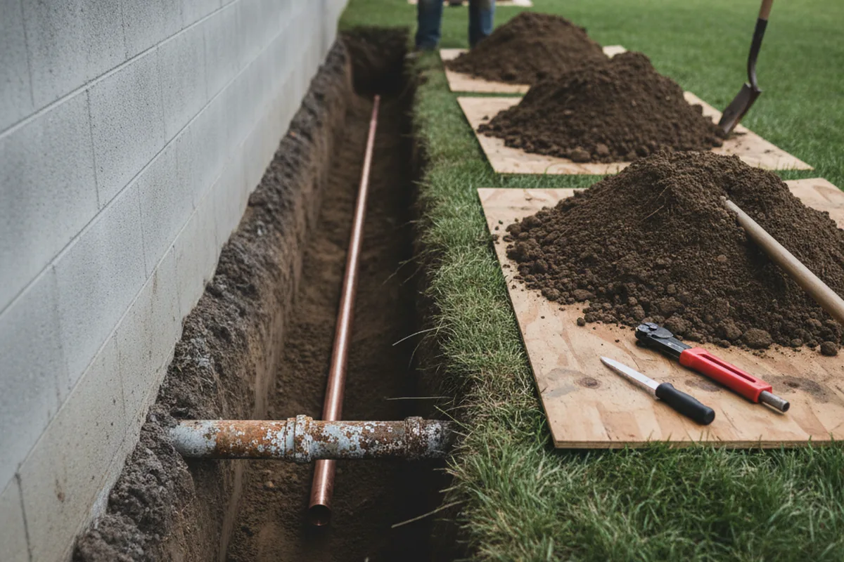 Excavated water line trench during Water Softener Installation in Vienna